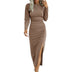 Solid Colour Round Neck Slim Fit Long Sleeve Split Temperament Dress