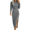 Solid Colour Round Neck Slim Fit Long Sleeve Split Temperament Dress