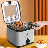 Electric air fryer skewer machine with cooking basket and fried food, ideal for multifunctional meals.