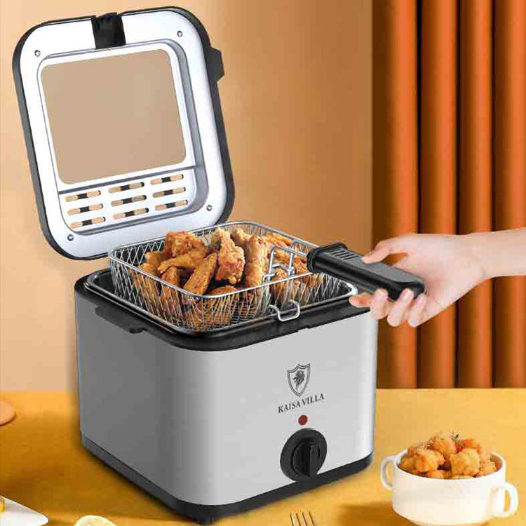 Electric air fryer skewer machine with cooking basket and fried food, ideal for multifunctional meals.