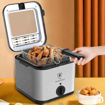 Electric air fryer skewer machine with cooking basket and fried food, ideal for multifunctional meals.