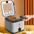 Electric air fryer skewer machine with cooking basket and fried food, ideal for multifunctional meals.