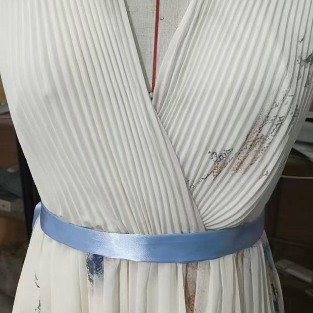 Women's Deep V-Neck Floral Print Sleeveless Maxi Dress With Pockets - Flowy Ruffle Hem Summer Beach Dress