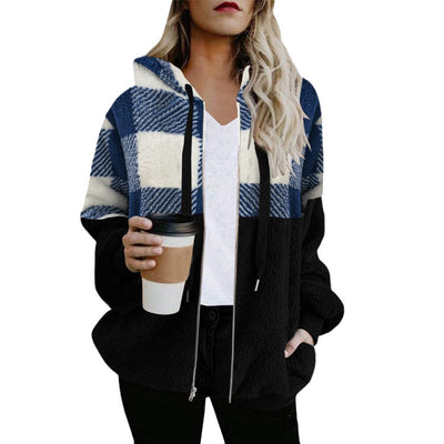 Plaid Color Matching Plush Hooded Sweater Zipper Jacket