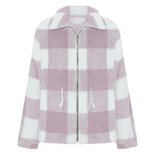 Women's Long-sleeved Plaid Lapel Zipper Plush Coat