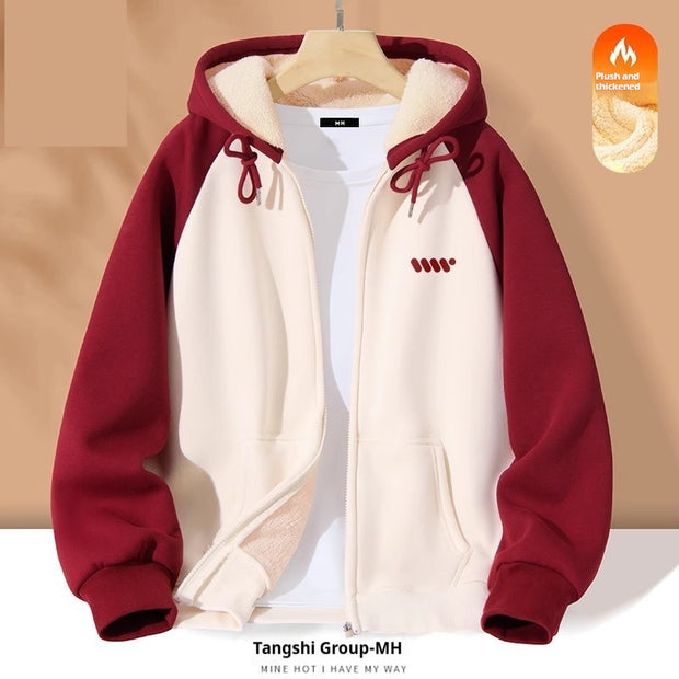 New Contrast Color Women's Clothing Winter Fleece-lined Casual Cardigan Coat Outerwear Women