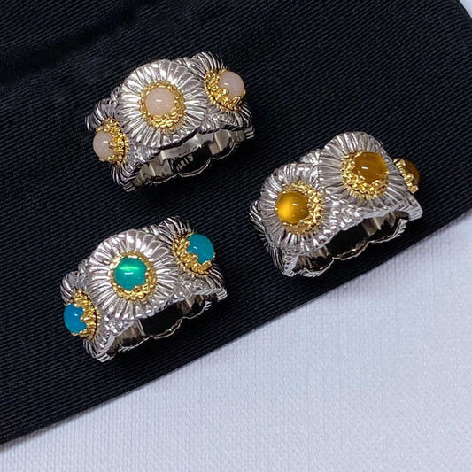 Women's Fashion Copper Plating Thick Golden Yellow Blue Agate Opal Wide Ring