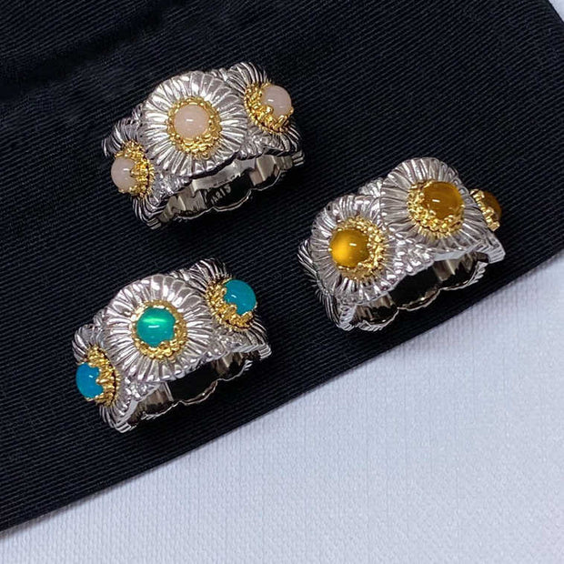 Women's Fashion Copper Plating Thick Golden Yellow Blue Agate Opal Wide Ring