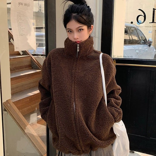 Korean Leisure Simple Stand Collar Loose All-match Lamb Wool Coat