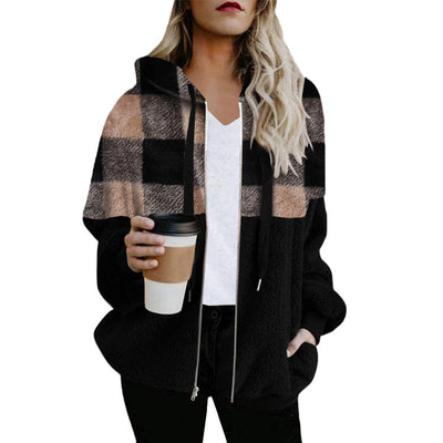 Plaid Color Matching Plush Hooded Sweater Zipper Jacket