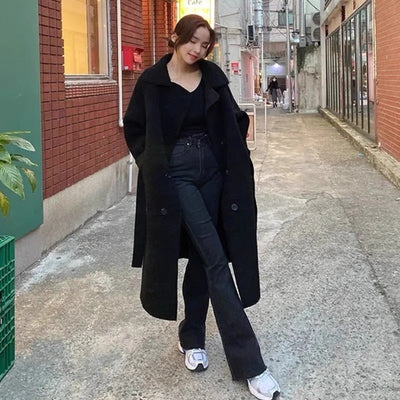 Gentle Elegant Lapel Double-breasted Loose All-match Long-sleeved Lamb Wool Coat