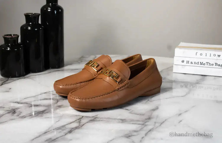 Versace Warm Brown Leather Gold Greek Key Driver Loafers Douson Odeh