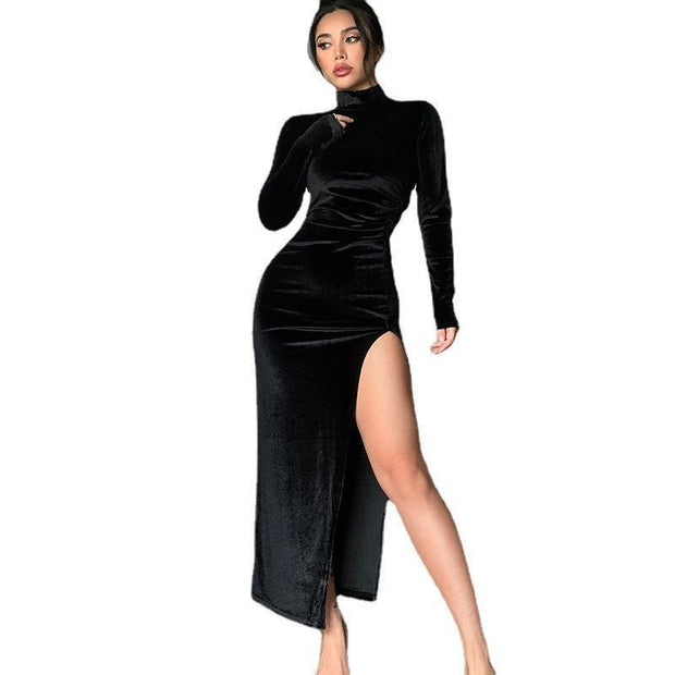 High Neck Long Velvet Dress Slim Slit Women's Dress