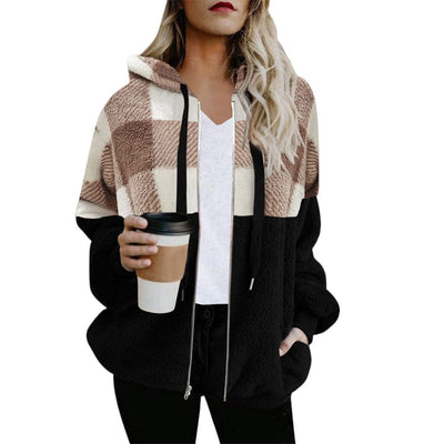 Plaid Color Matching Plush Hooded Sweater Zipper Jacket