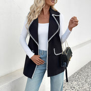 Casual Simple Lace Cardigan Lapel Contrast Color Trim Vest Coat Women