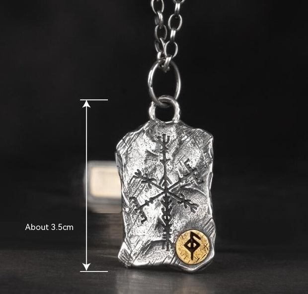 Viking Luen Letter Hammered Pendant Compass Silver Necklace