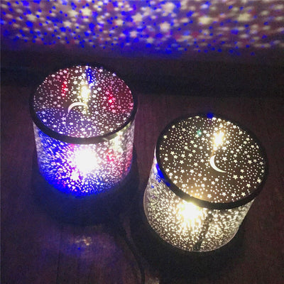 Colorful star projector lamp illuminating stars on walls, perfect for creating a magical night light ambiance.