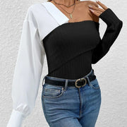 Elegant One Shoulder Patchwork Knit Top