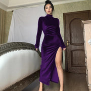 High Neck Long Velvet Dress Slim Slit Women's Dress