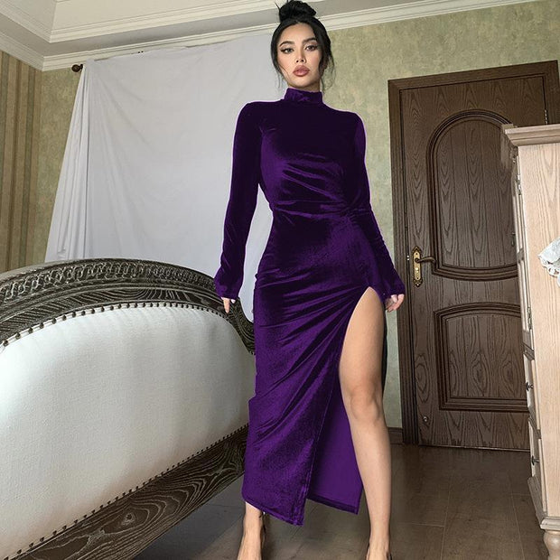 High Neck Long Velvet Dress Slim Slit Women's Dress