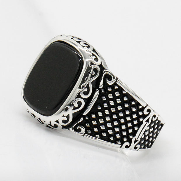 925 Silver Vintage Thai Silver Black Agate Ring