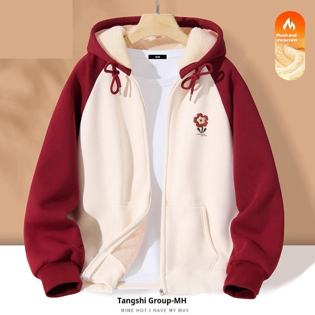 New Contrast Color Women's Clothing Winter Fleece-lined Casual Cardigan Coat Outerwear Women