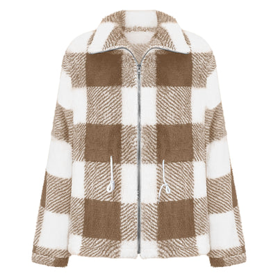 Women's Long-sleeved Plaid Lapel Zipper Plush Coat