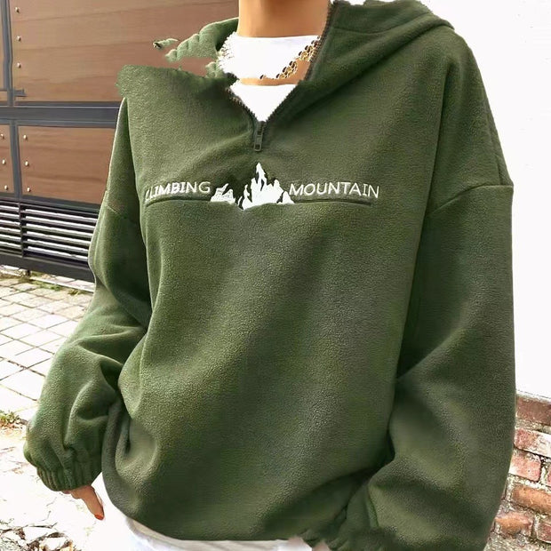 Women's Plush Hooded Zipper Sweatshirt Loose