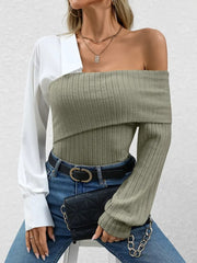 Elegant One Shoulder Patchwork Knit Top