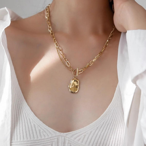 Special-shaped Oval Double-layer OT Buckle Long Twin Necklace