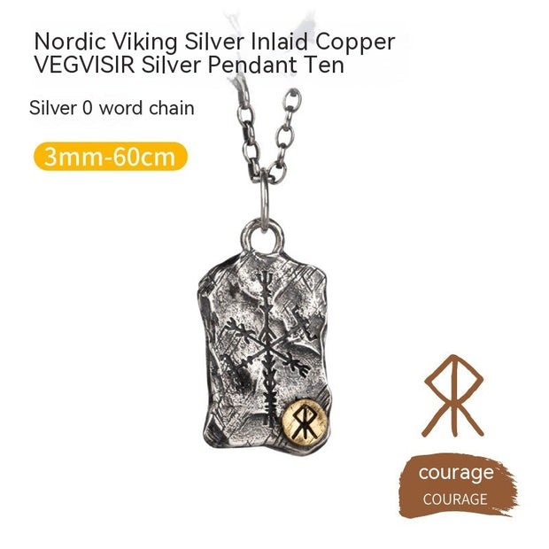 Viking Luen Letter Hammered Pendant Compass Silver Necklace
