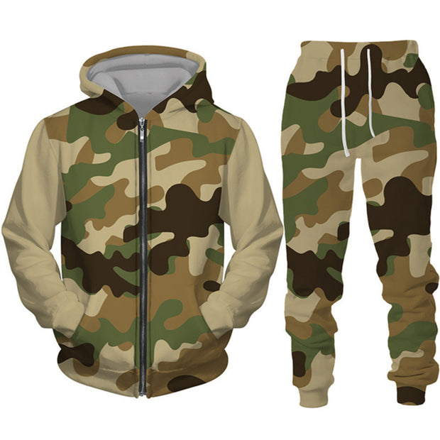 Men's Camouflage Print Zipper Hoodie Pants Set
