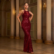 Elegant Sleeveless Round Neck Sequins Slim Sheath Banquet Fishtail Dress
