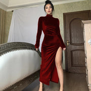 High Neck Long Velvet Dress Slim Slit Women's Dress