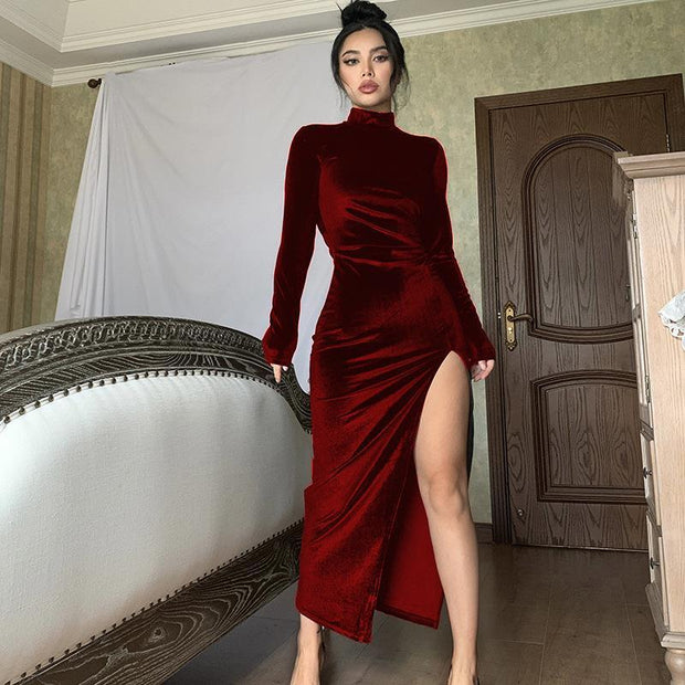 High Neck Long Velvet Dress Slim Slit Women's Dress