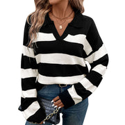 Women's Long Sleeve Polo Collar Stripes Sweater