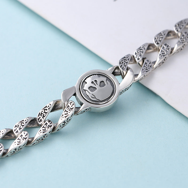 Sterling Silver Ornament Men's Trendy Rotating Skull Retro Fashion Tang Grass Pattern Bracelet
