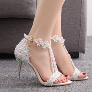Beaded Lace Floral Rhinestone Slip-On Sandals