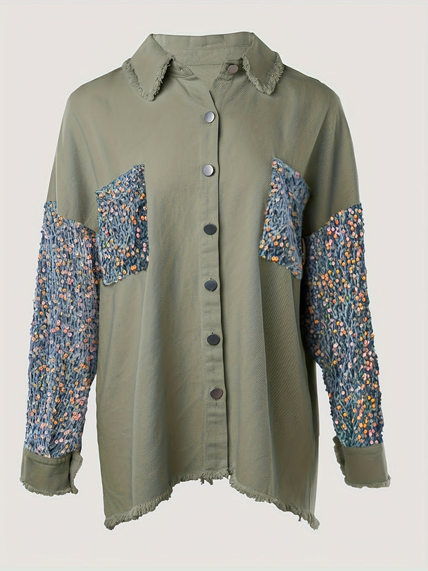 Women'S Long Sleeved Denim Jacket With Sequin Patchwork