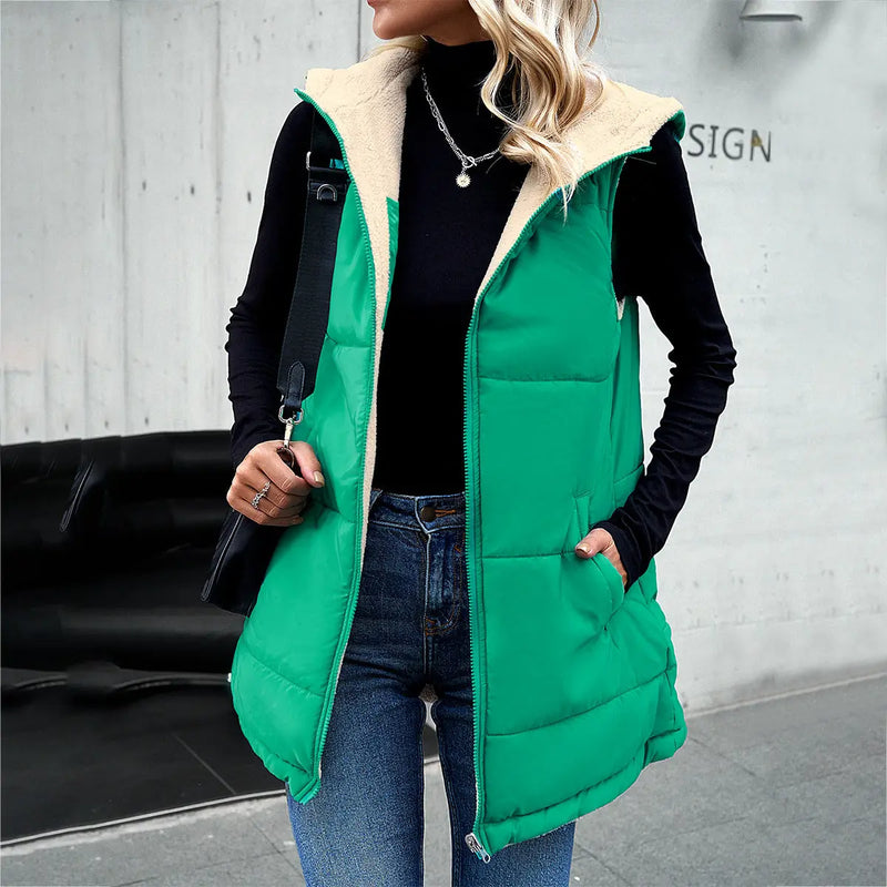 Winter Vest Women Loose Commuting Mid-length Hooded Cotton Jacket With Pockets Fashion Warm Zipper Fluffy Coat Outdoor Clothing Douson Odeh