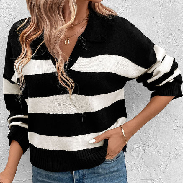 Women's Long Sleeve Polo Collar Stripes Sweater
