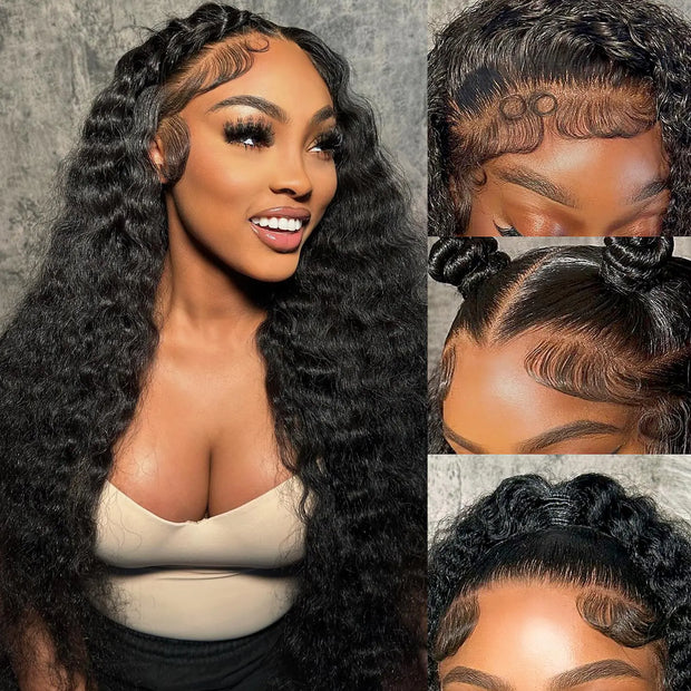 Buildxin 13x4 Deep Wave Lace Front Wigs Human Hair 200 Density Curly Human Hair Wig 13x4 HD Transparent Wet and Wavy Lace Frontal Wigs for Women Pre Plucked Human Hair Wig Natural Black 26 Inch