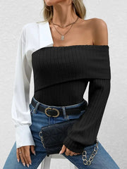 Elegant One Shoulder Patchwork Knit Top