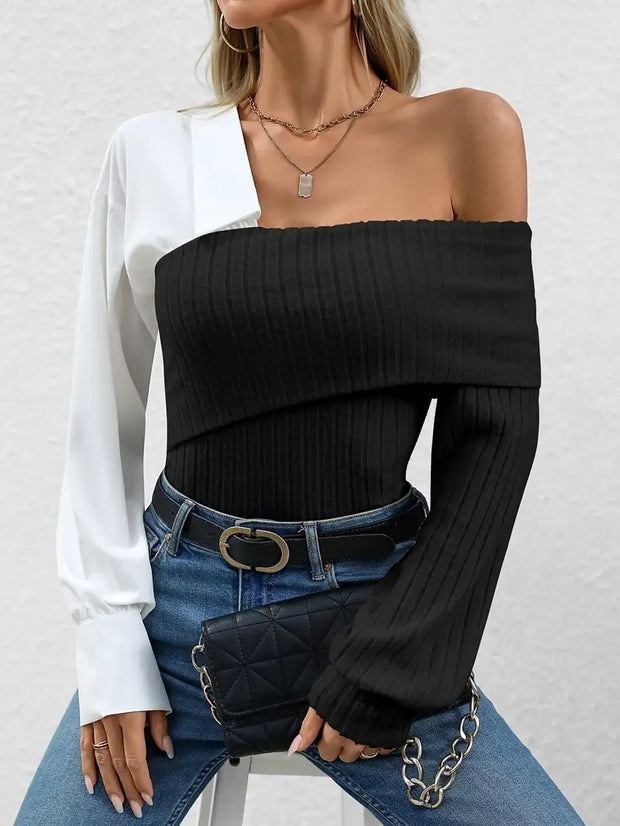 Elegant One Shoulder Patchwork Knit Top