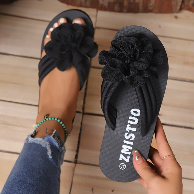 Women's Fashion All-match Flower Flat Toe Flip-flops