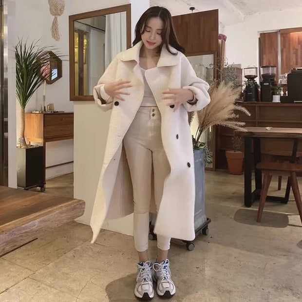 Gentle Elegant Lapel Double-breasted Loose All-match Long-sleeved Lamb Wool Coat