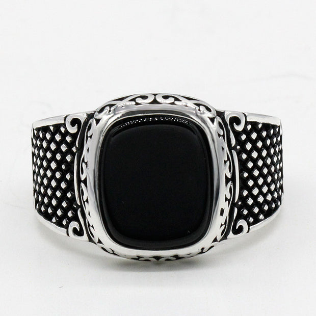 925 Silver Vintage Thai Silver Black Agate Ring