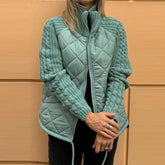Stand Collar Cotton Jacket With Pockets Fashion Knitted Stitching Zipper Coat Winter Warm Tops For Women Douson Odeh