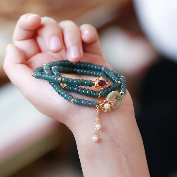 Blue Water Jade Abacus Beads Three Rings Tourmaline Pearl Bracelet