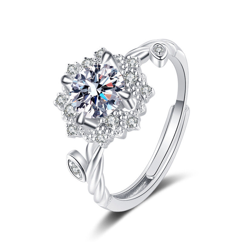 S925 Sterling Silver Flowers Four-claw Moissanite Ring